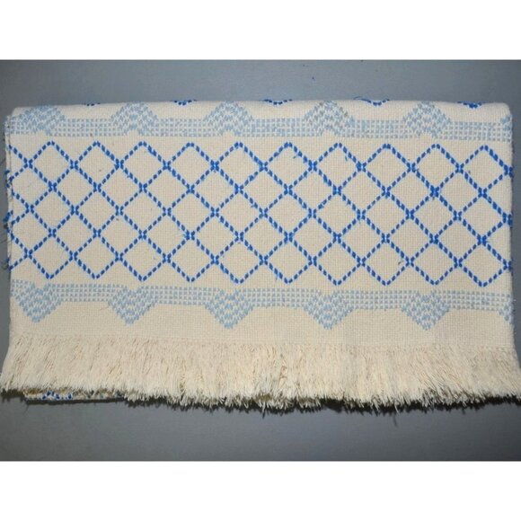 Vintage White & Blue Woven 45" X 32" Lap Throw Blanket Fringe Trim - Picture 2 of 5